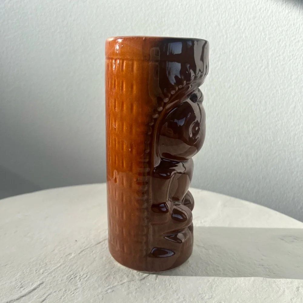 VINTAGE BROWN TROPICAL TIKI VIBES MUG GLASS CERAMIC BARWARE TUMBLER‎